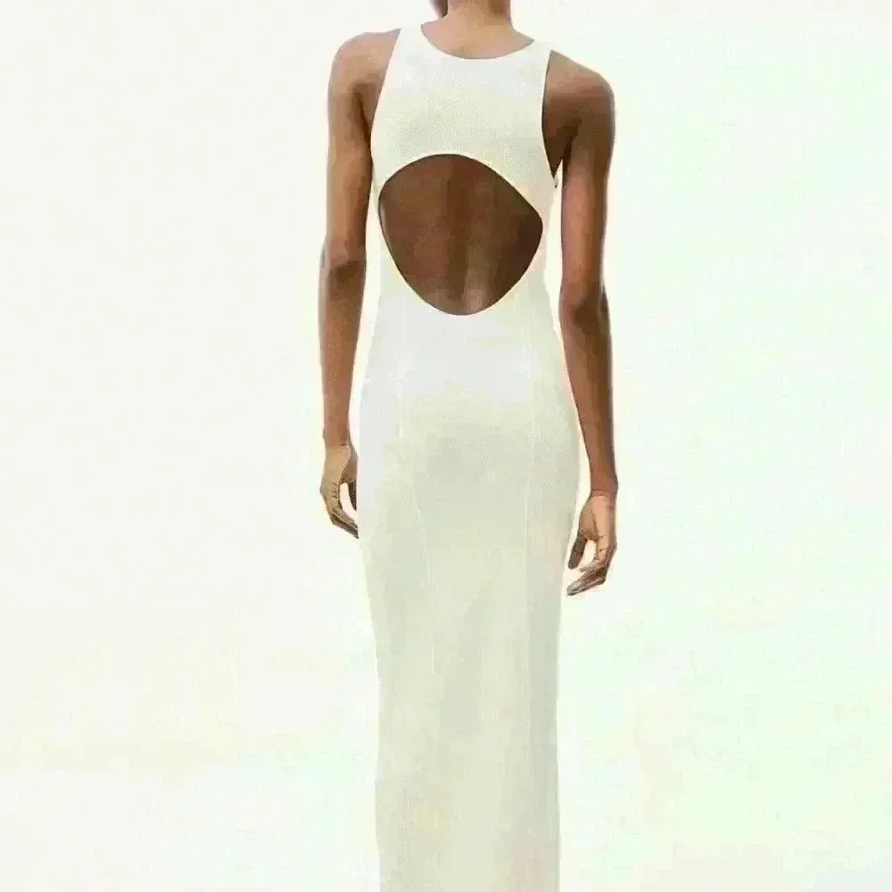 H&M collection open back rib knitted dress in cream color - Picture 2 of 8